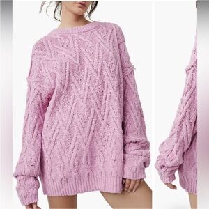 Free People Pink Frosting Oversized Soft Cable Knit Crew Neck Sweater!